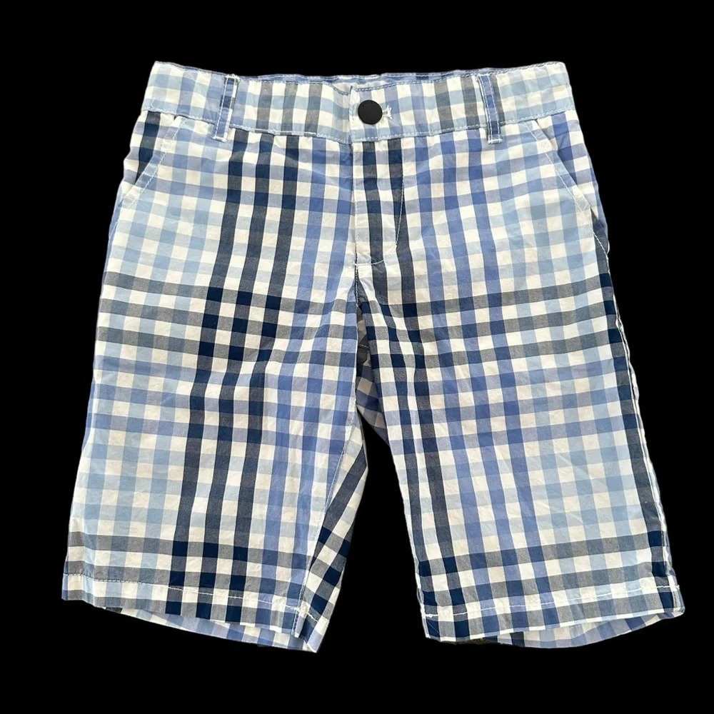 Jacadi Paris Boys 8 Blue Gingham Check Bermuda Shorts Cotton adjustable waist
